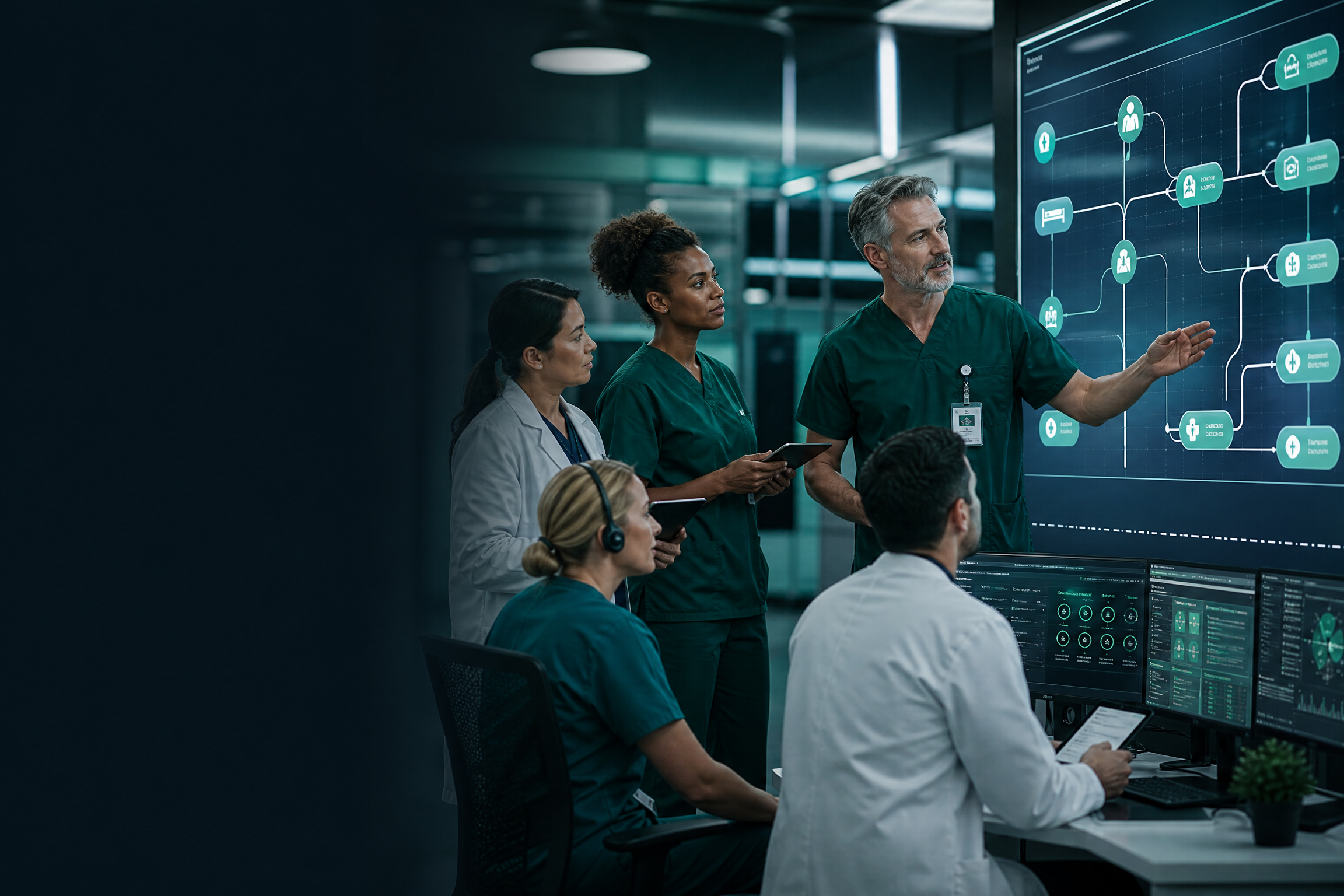 Hospital care team reviewing a shared patient-routing dashboard