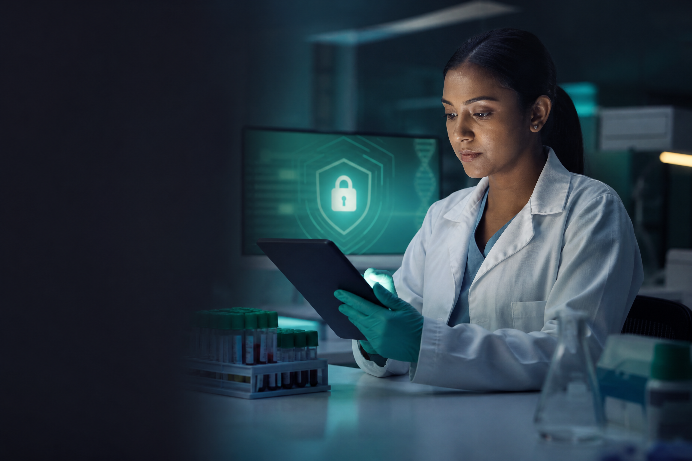 Laboratory professional reviewing secure digital test results on a tablet