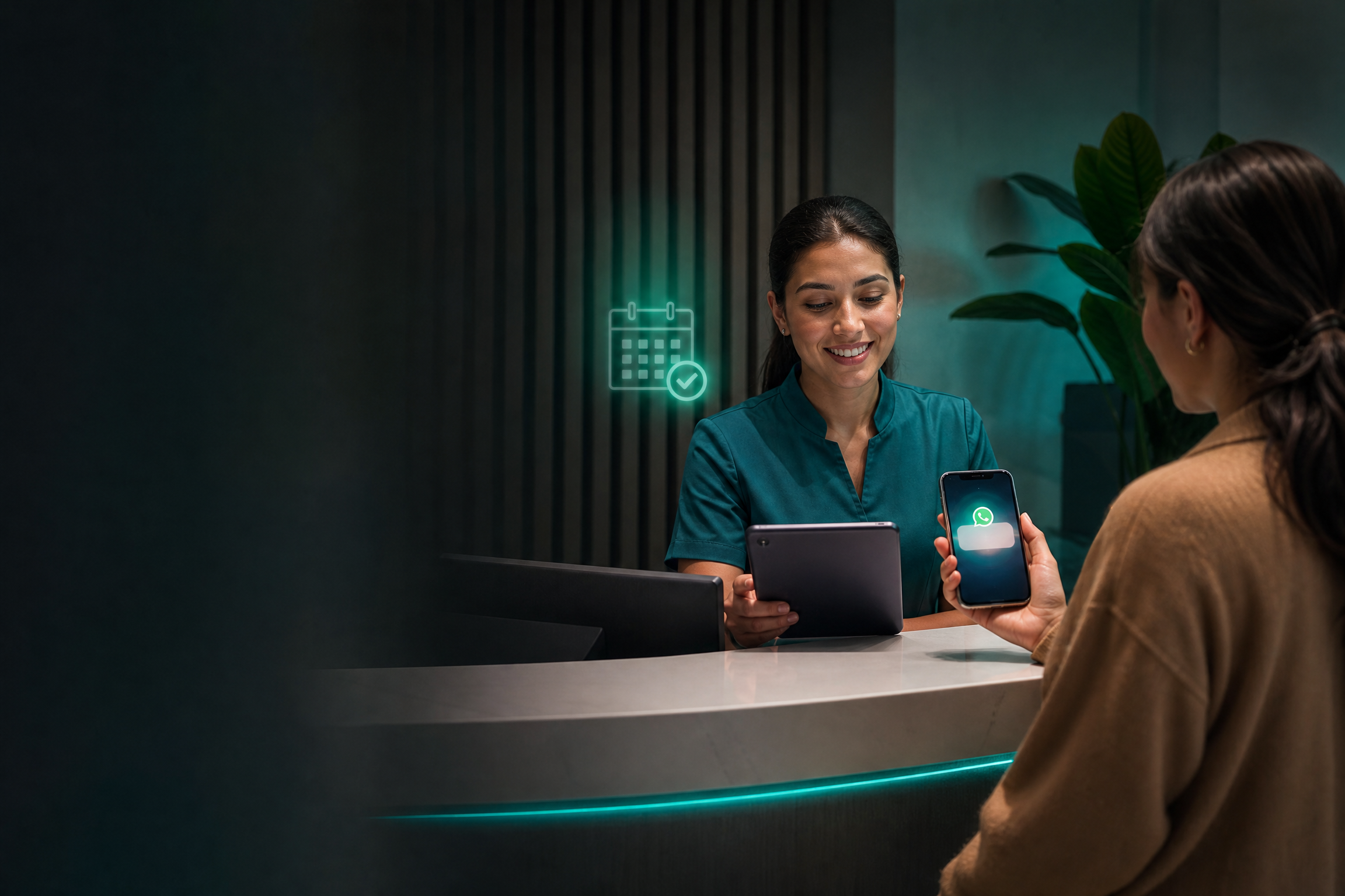 Clinic receptionist helping a patient confirm an appointment on a smartphone
