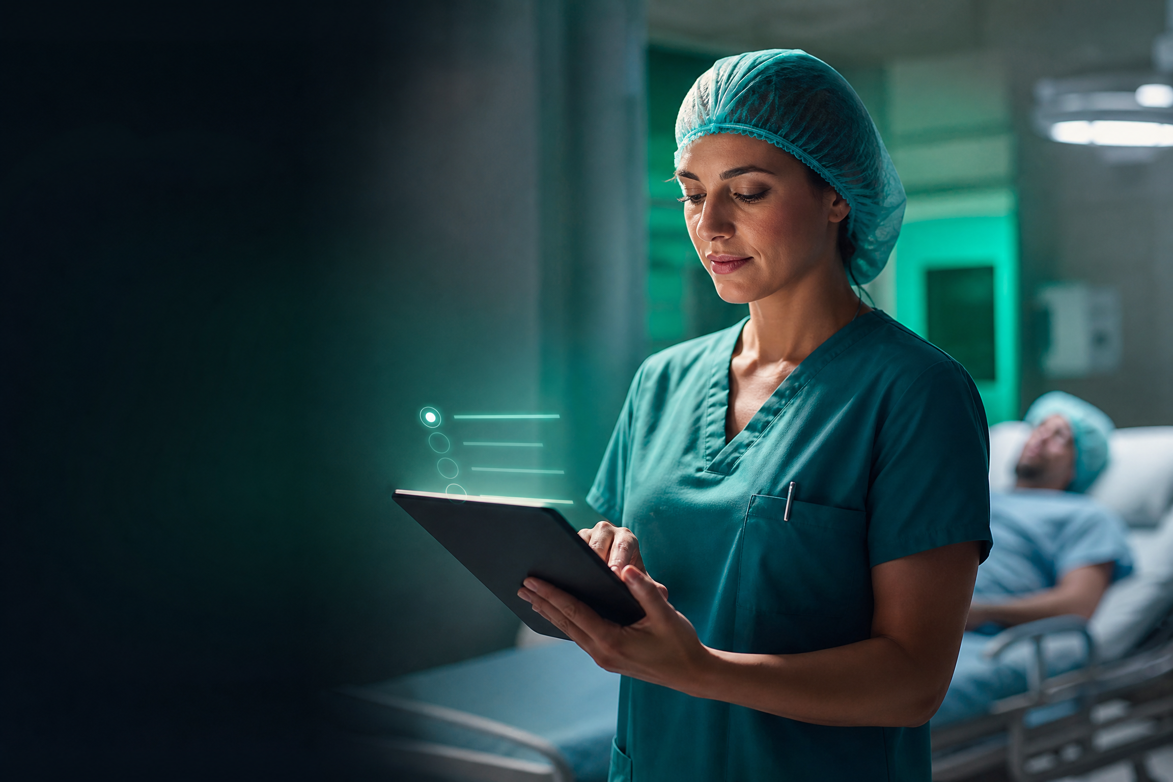 Surgical care professional reviewing a pre-operative checklist on a tablet